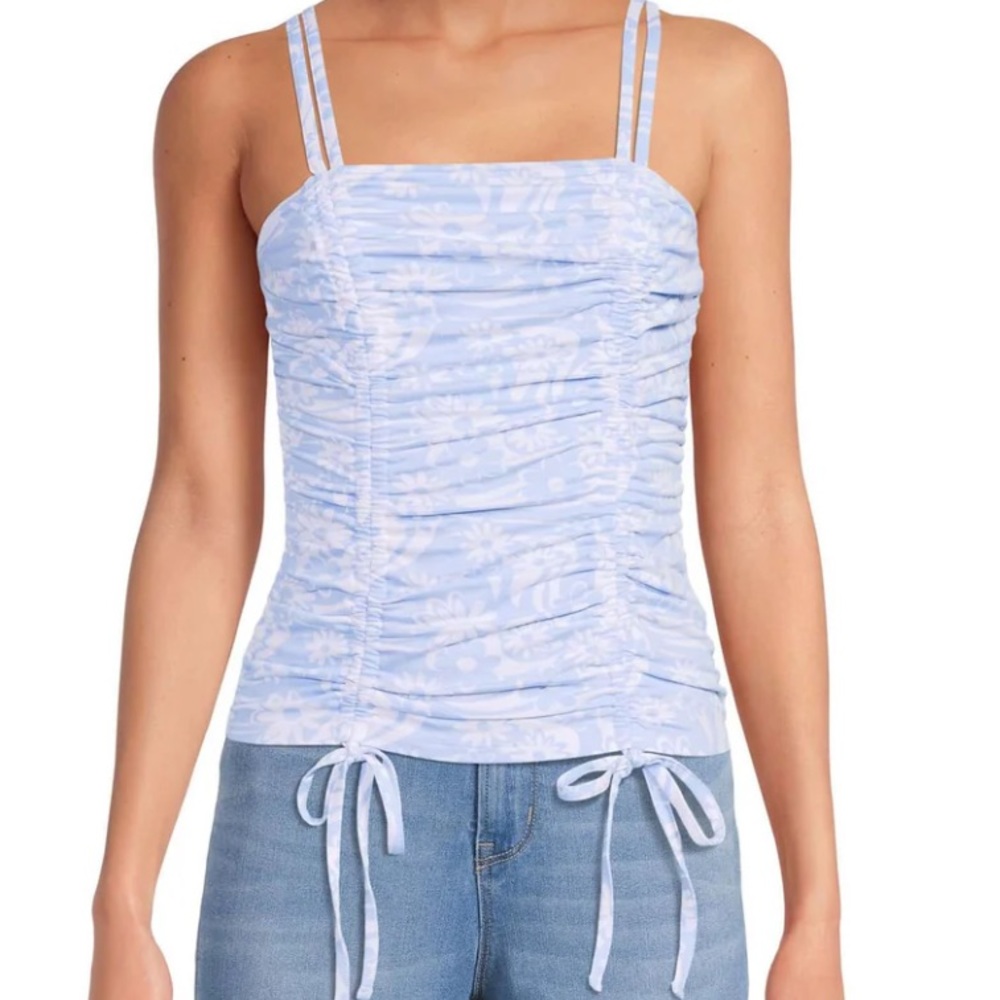 Sky Blue Double Ruched Floral Tank Top